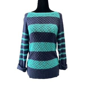 Ricki’s Striped Blue Teal Sweater Lightweight Cotton Open Weave Size Small